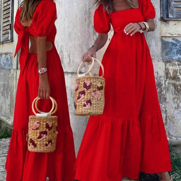 Red Casual Women's Solid Color Square Neck Short Sleeve Dress - Picture 1 of 4